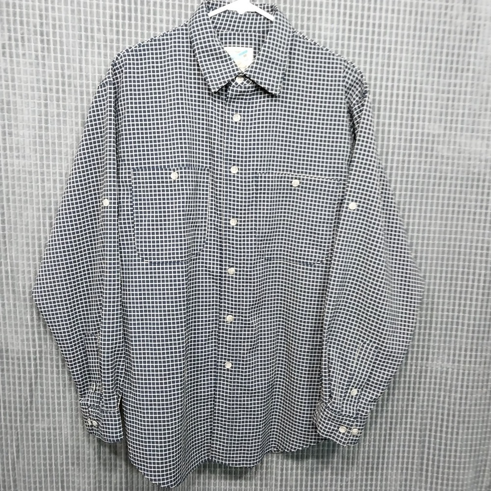 TravelSmith Button Down Shirt Mens Grid Roll Tab Sleeve Large Navy Blue